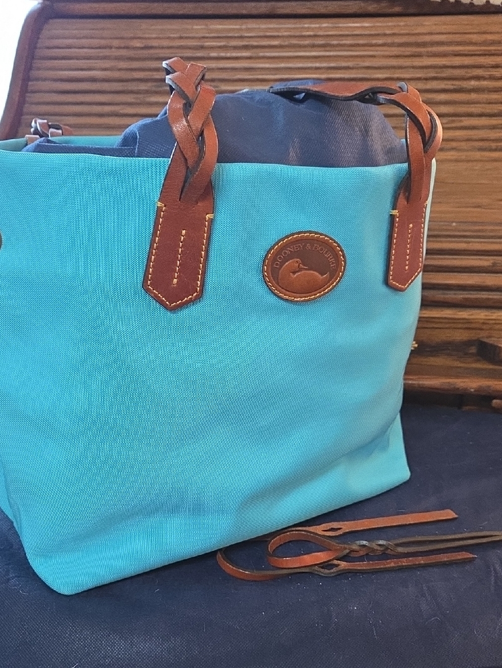 Dooney & Bourke Turquoise Canvas Tote with Brown Leather Trim and Navy Interior